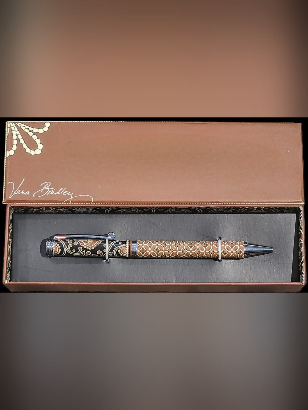 NIB Vera Bradley Ball Point Pen Brown Tan Paisley Floral Black Ink Floral